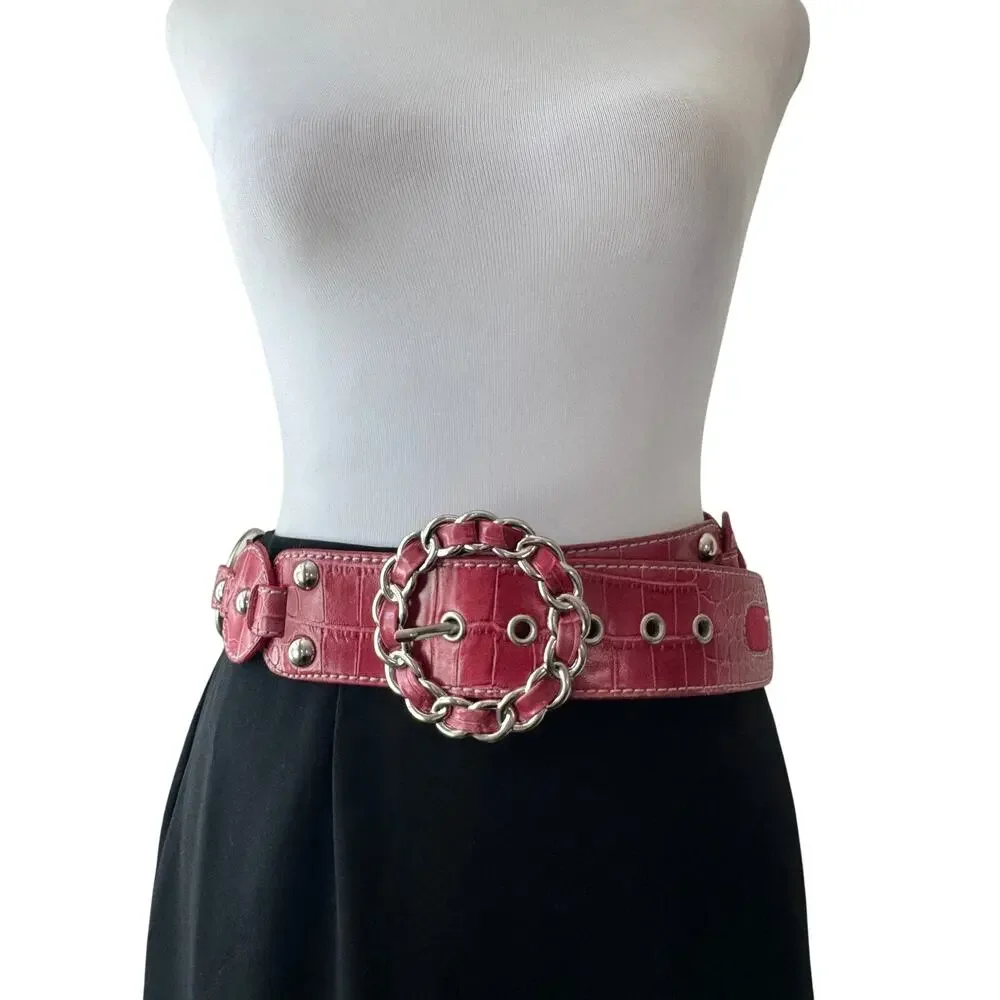 Vintage ‘00s Kathy Van Zeeland Red Faux Crocodile McBling Silver Buckle Belt